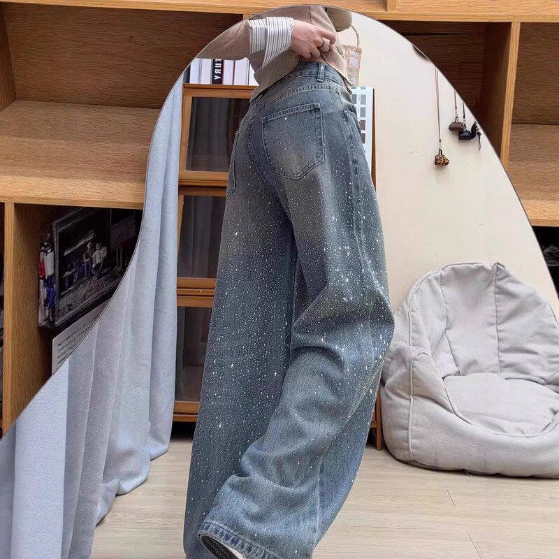 蓝色烫钻阔腿牛仔裤女2026春季新款大码胖mm高腰显瘦垂坠感直筒裤