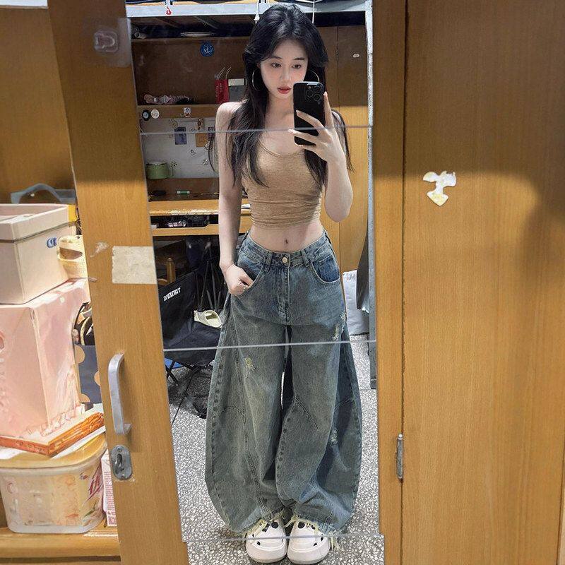 美式复古弯刀阔腿牛仔裤女春夏高腰宽松设计感水洗做旧破洞拖地裤