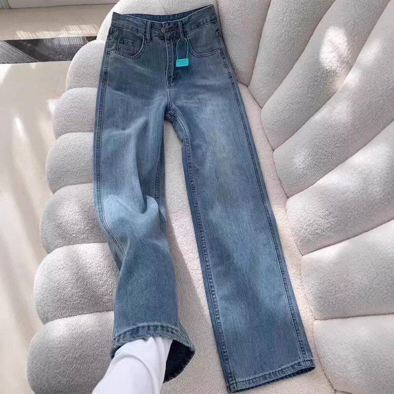浅蓝色宽松窄版直筒牛仔裤女2026春季新款复古高腰显瘦垂感阔腿裤