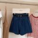 女2025夏季 薄款 新款 深蓝色收褶牛仔短裤 高腰宽松显瘦a字阔腿热裤