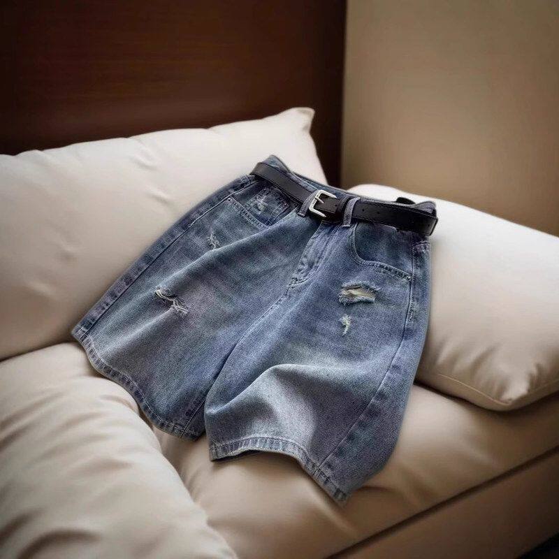 大码梨形五分牛仔短裤女2025夏季新款胖mm高腰宽松显瘦破洞中裤子