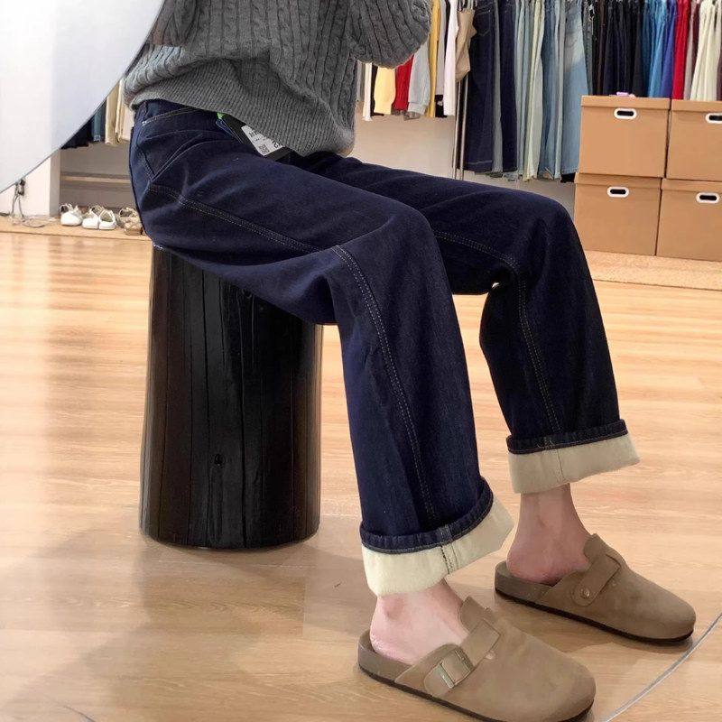 深蓝色加绒加厚直筒牛仔裤女2025秋冬新款大码高腰显瘦百搭拖地裤