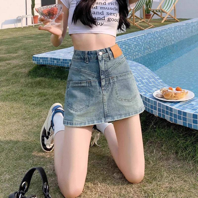 复古辣妹浅色水洗牛仔短裙裤女2025夏季百搭简约高腰设计显瘦裙裤