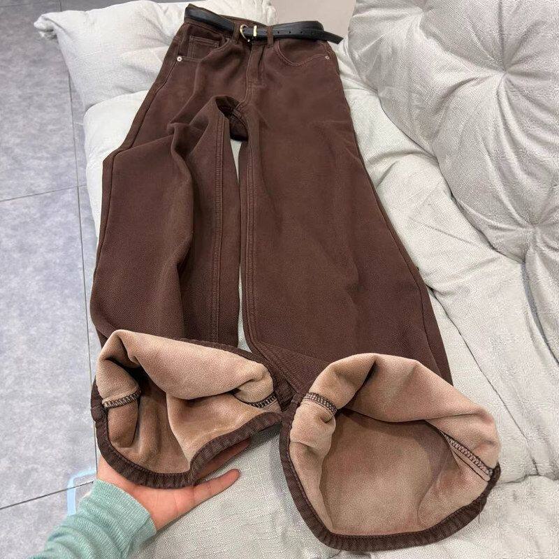 今年流行棕色加绒阔腿牛仔裤女2025新款秋冬高腰宽松小个子直筒裤