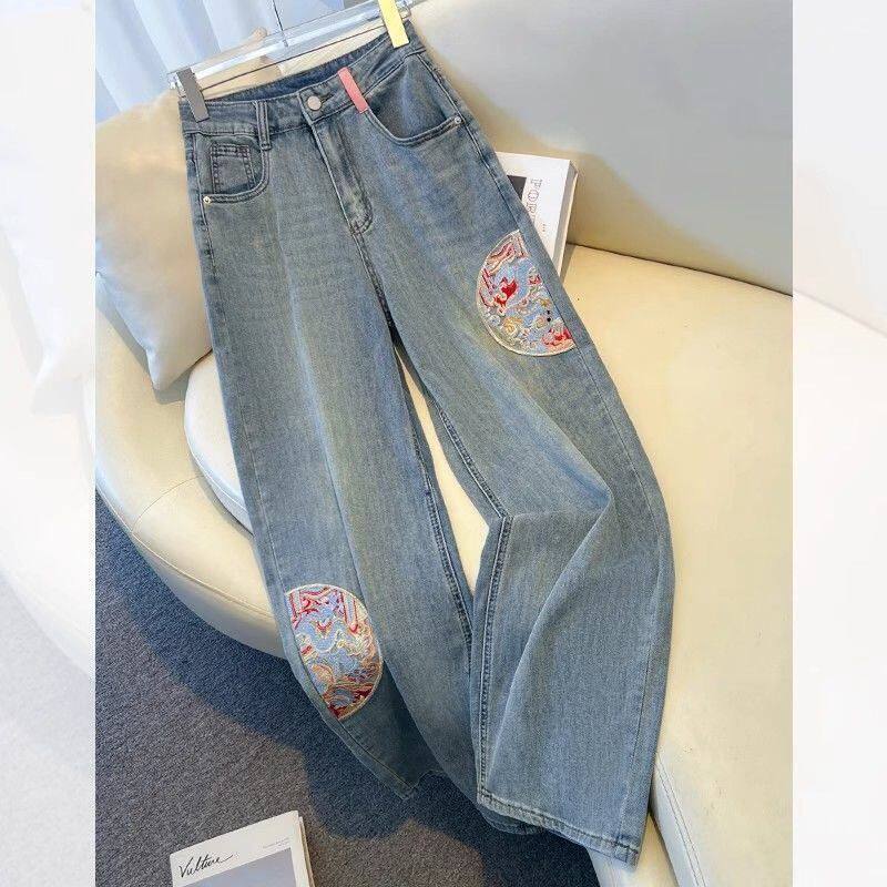 刺绣新中式国风宽松阔腿牛仔裤女2024春夏新款高腰显瘦百搭直筒裤