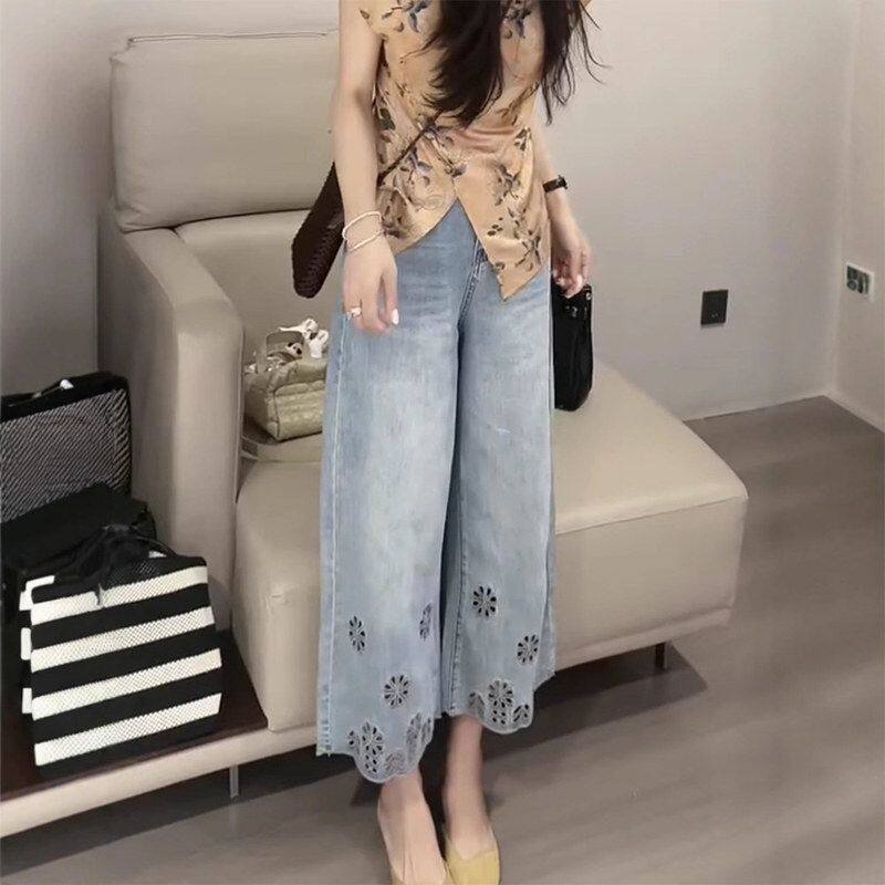 设计感高级重工镂空刺绣花牛仔裤女夏薄款高腰显瘦直筒九分直筒裤