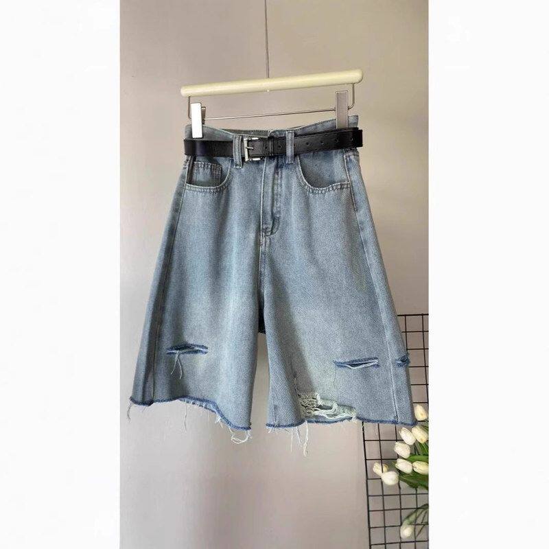 水洗破洞牛仔短裤女夏季新款高腰宽松显瘦a字直筒阔腿休闲五分裤
