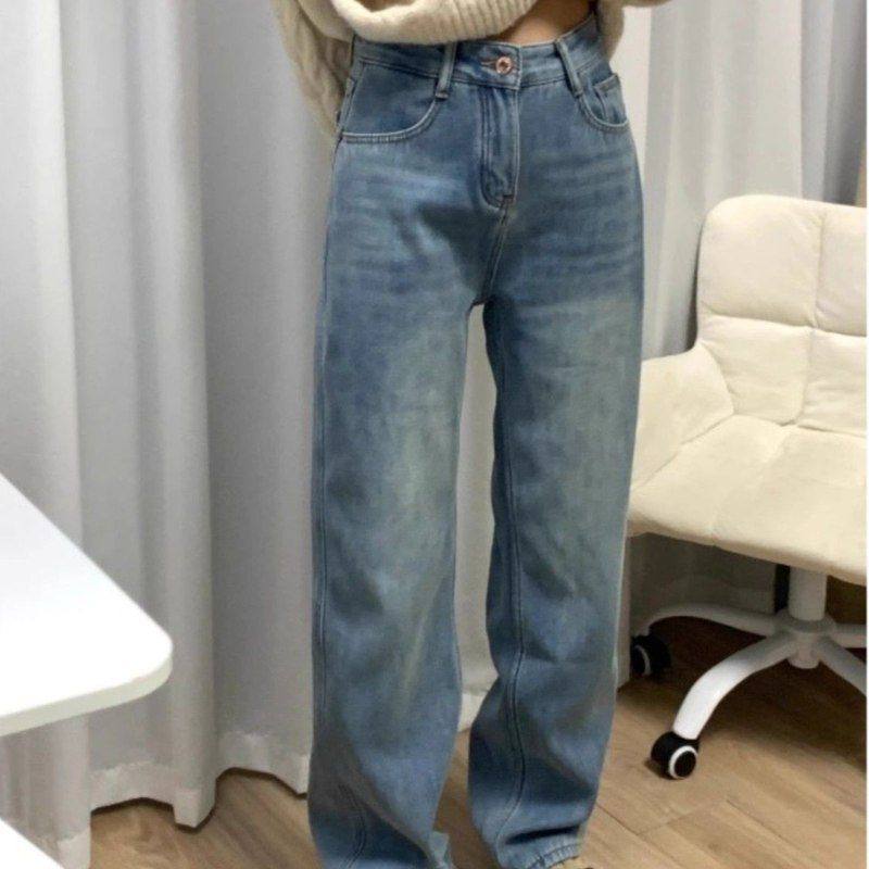 小众美式阔腿牛仔裤女秋冬胖MM加绒加厚高腰宽松显瘦直筒拖地裤子