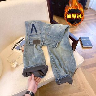 浅蓝色加绒加厚阔腿牛仔裤女冬季新款复古高腰显瘦小个子直筒裤子