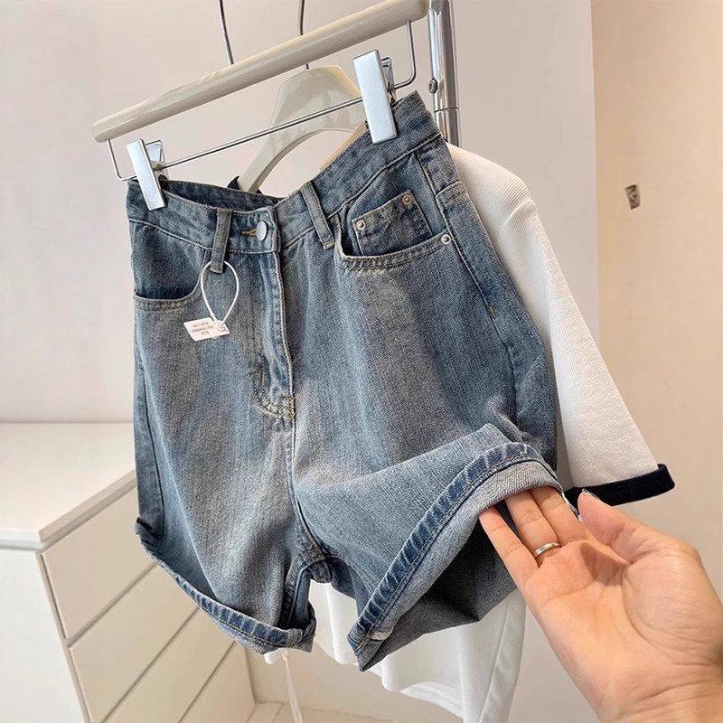 复古牛仔短裤女夏季薄款梨形身材大码高腰显瘦小个子宽松阔腿热裤