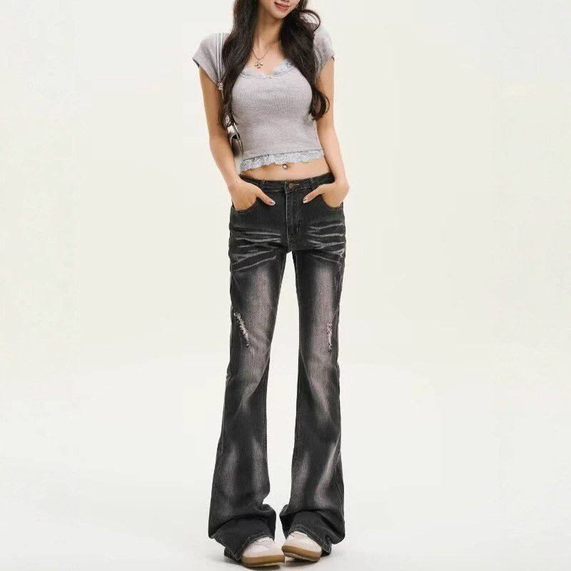 美式微喇牛仔裤女2025年新款时尚潮流复古破洞低腰夏季黑灰喇叭裤