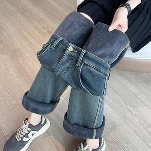 复古蓝窄版牛仔阔腿裤女秋冬新款高腰宽松显瘦加绒加厚复古直筒裤