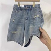 阔腿中裤 破洞直筒牛仔五分裤 韩版 高腰宽松小众A字短裤 女夏季 新款