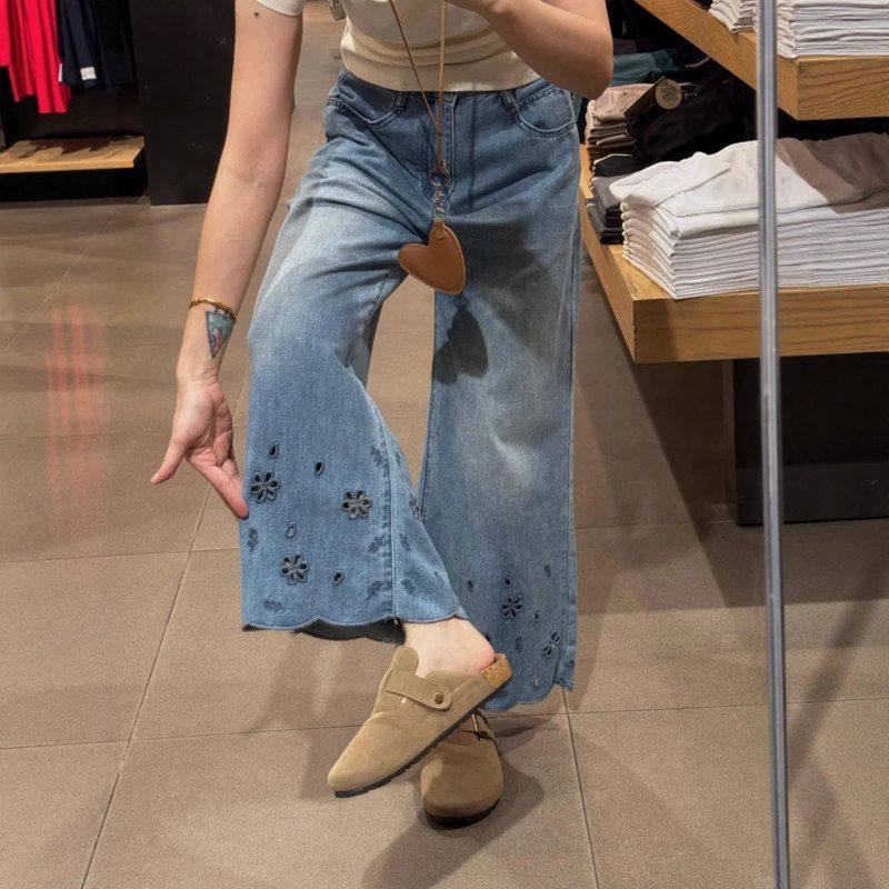 镂空九分牛仔裤春夏薄款梨形身材高腰直筒裤大码胖mm显瘦阔腿裤子