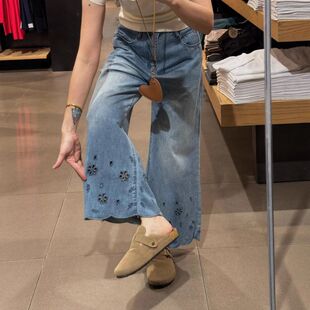 镂空九分牛仔裤春夏薄款梨形身材高腰直筒裤大码胖mm显瘦阔腿裤子