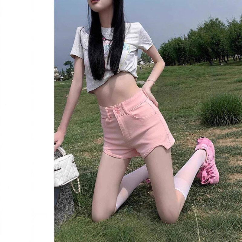 粉色牛仔短裤女夏季爆款2025新款辣妹高腰显瘦百搭a字紧身包臀裤