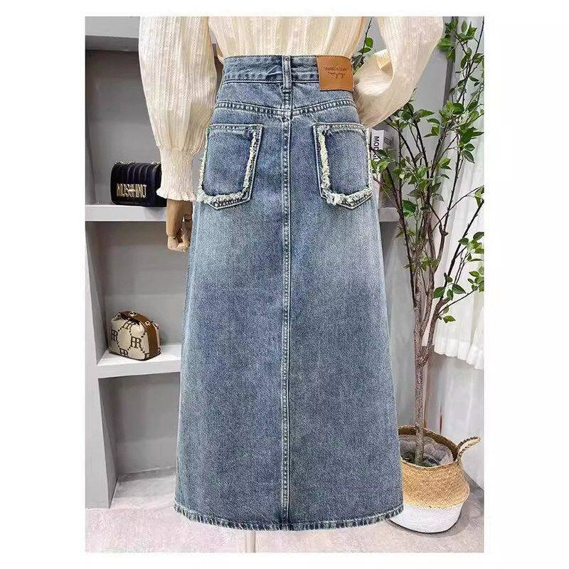 2024年春夏季显瘦前开叉中长款A字裙小众设计感高腰牛仔半身裙女