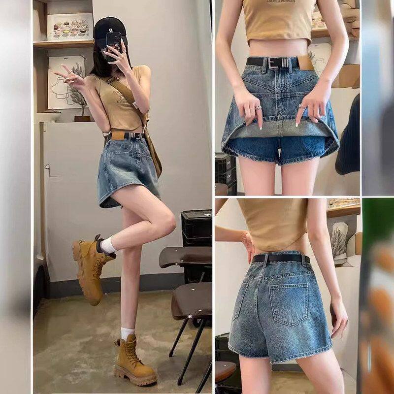 设计感复古牛仔短裙裤女2024年夏季新款薄款大码高腰宽松显瘦裤裙