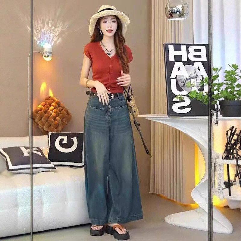 设计感大码宽松阔腿牛仔裤女2025年夏季新款高腰显瘦百搭拖地长裤