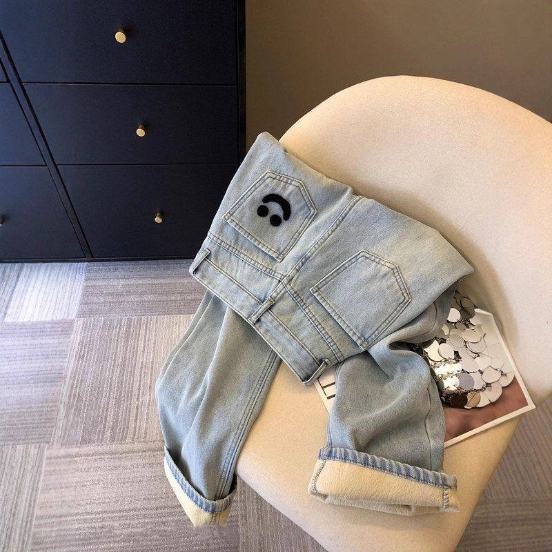 笑脸刺绣加绒加厚牛仔裤女2025秋冬新款胖mm高腰窄版直筒阔腿裤子