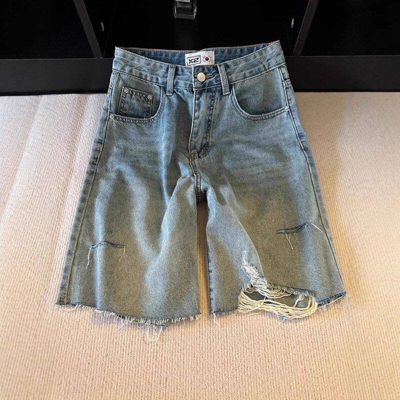 复古辣妹五分直筒牛仔裤女2025年夏季新款高腰显瘦小个子阔腿中裤