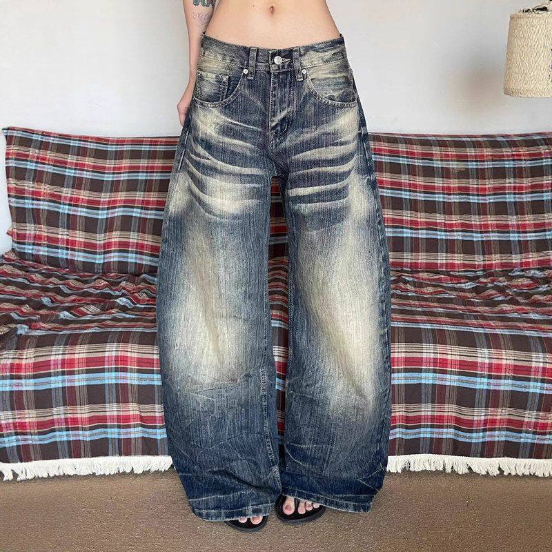 大码美式高街复古微喇牛仔裤男女百搭新款休闲宽松显瘦高腰直筒裤
