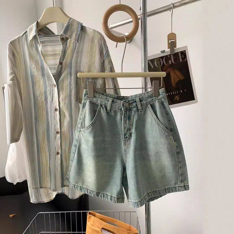 夏季短袖复古显瘦牛仔短裤女2024年高腰a小个子阔腿三分热裤