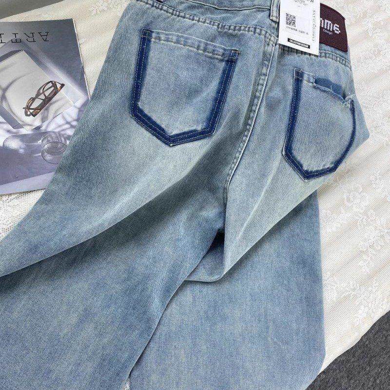 撞色高腰直筒牛仔裤女2024年新款韩版宽松显瘦百搭窄版阔腿长裤潮