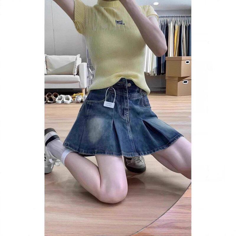 美式复古牛仔短裙女夏季薄款2025年新款高腰显瘦a字百褶裙半身裙