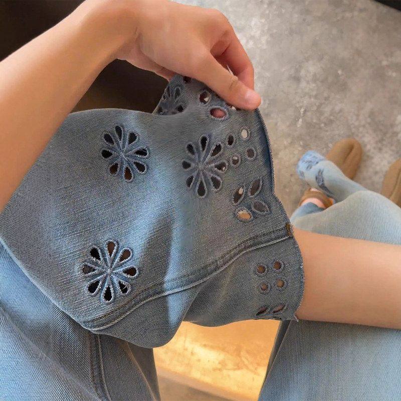 欧货镂空勾花牛仔裤女夏季薄款大码梨形身材高腰显瘦阔腿九分裤子