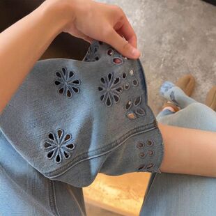 欧货镂空勾花牛仔裤女夏季薄款大码梨形身材高腰显瘦阔腿九分裤子