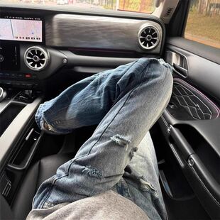 潮流水洗做旧破洞牛仔裤女2025春季新款时尚高腰宽松显瘦直筒长裤