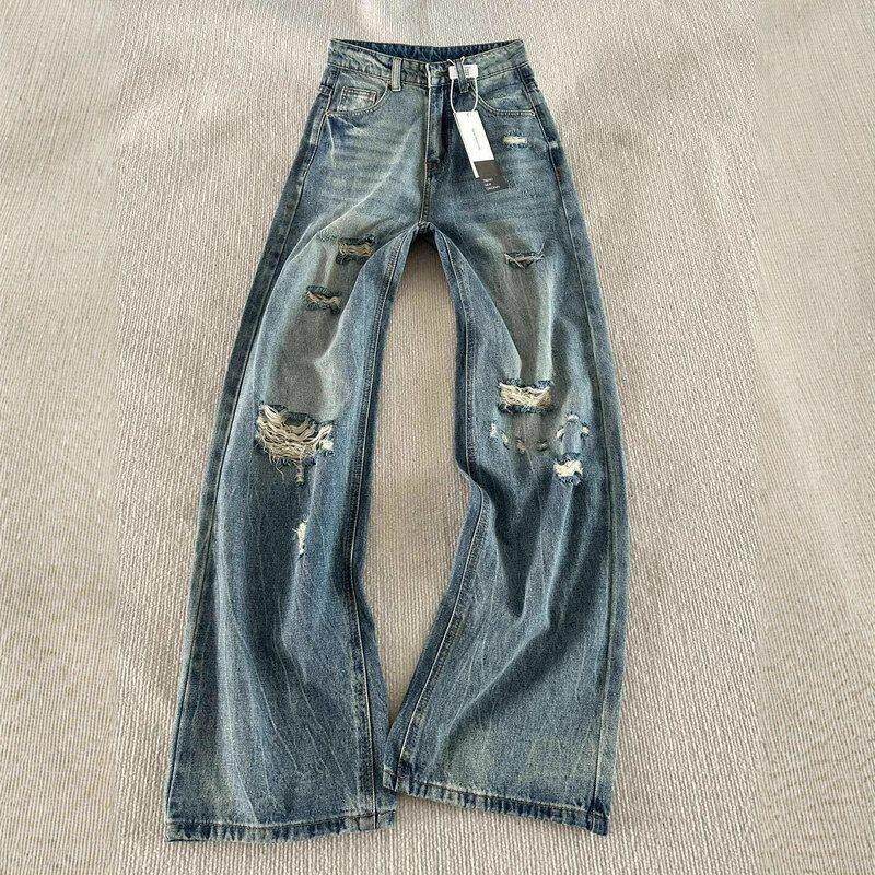 美式潮流复古破洞直筒牛仔裤女春秋新款高腰宽松显瘦百搭拖地长裤