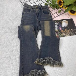 复古蓝微喇牛仔裤女春秋2025新款高腰修身显瘦小个子毛边喇叭长裤
