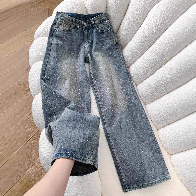 满天星烫钻阔腿牛仔裤女2026早春新款高腰宽松显瘦爆闪休闲拖地裤
