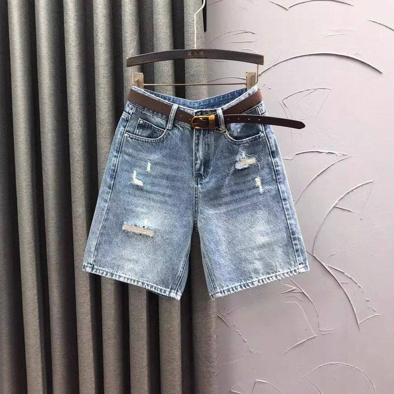 破洞牛仔短裤女2025夏季薄款高腰宽松显瘦a字百搭直筒阔腿中裤潮