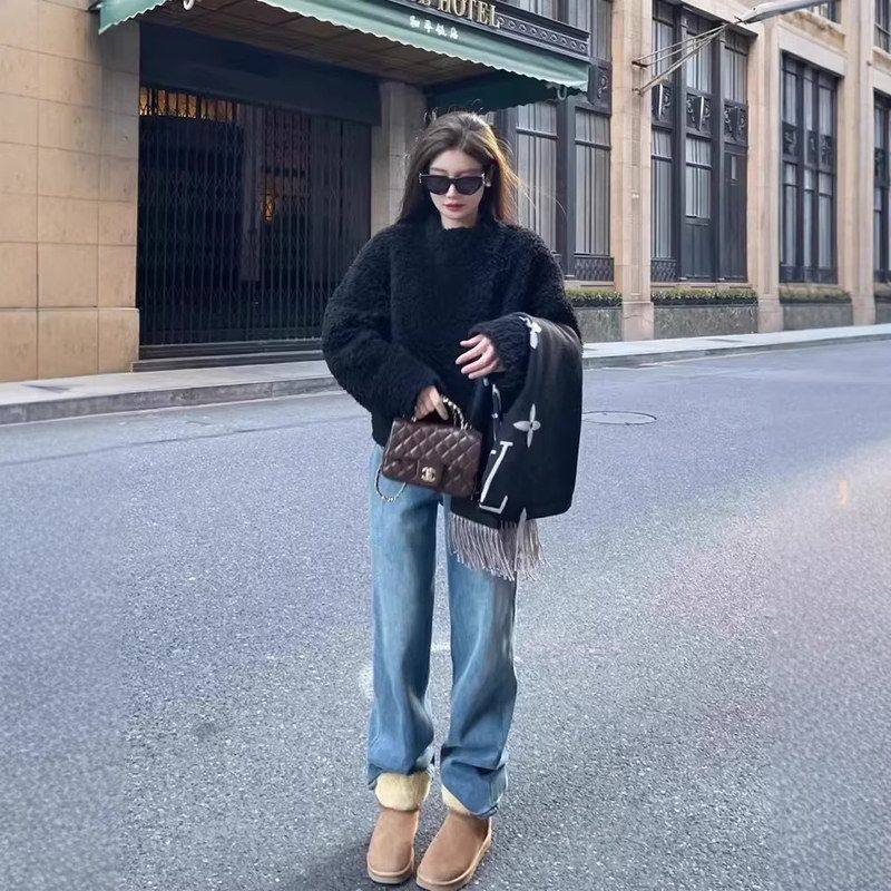 高腰窄版阔腿牛仔裤女2025秋冬爆款蓝色加绒小个子休闲直筒拖地裤