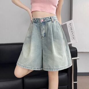 宽松显瘦外穿字五分阔腿裤 2025高腰新款 女夏季 复古百搭牛仔短裤