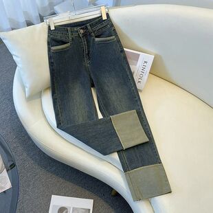 高腰直筒潮牌女士牛仔裤2023新款秋季美式复古做旧烟管裤子显瘦