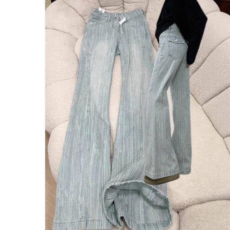 竖纹水洗提花微喇叭牛仔裤女新款设计感高腰宽松阔腿显瘦直筒裤子