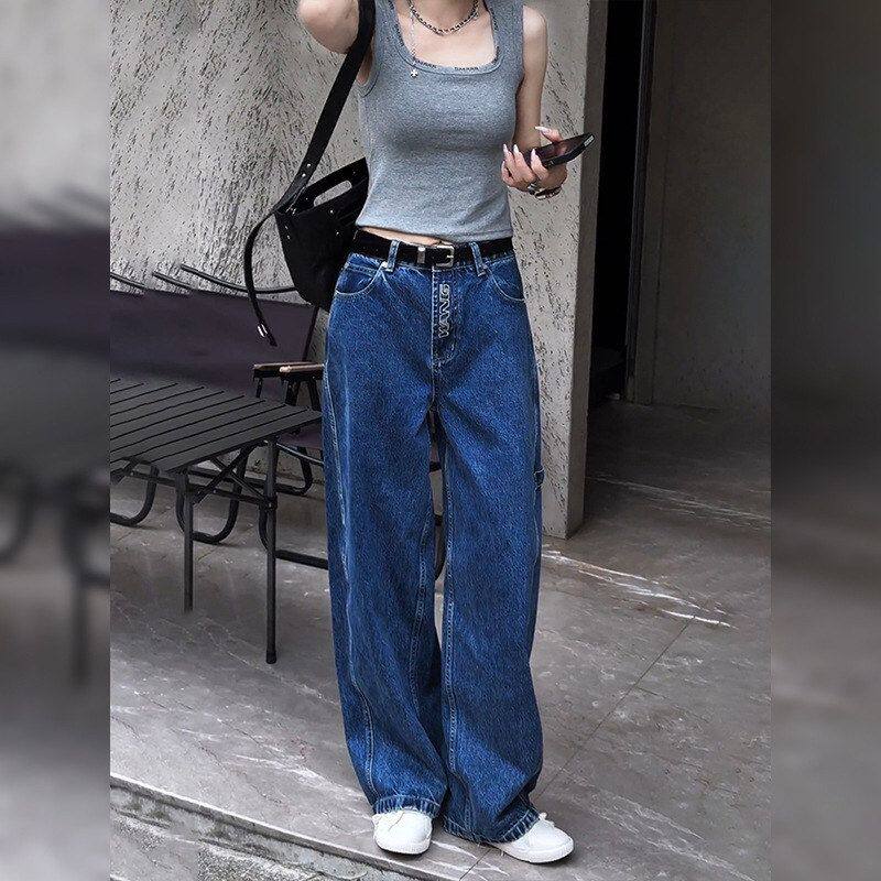 设计双口袋复古深蓝牛仔裤女春夏薄款大码梨型身材高腰宽松阔腿裤