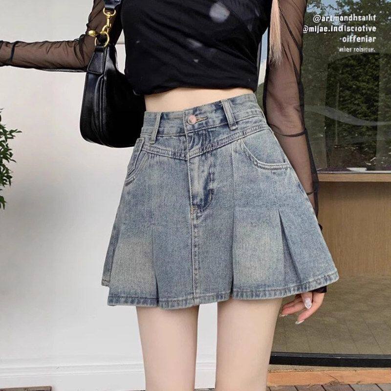美式复古牛仔半身裙女2025年夏季薄款高腰百褶裙辣妹显瘦A字短裙