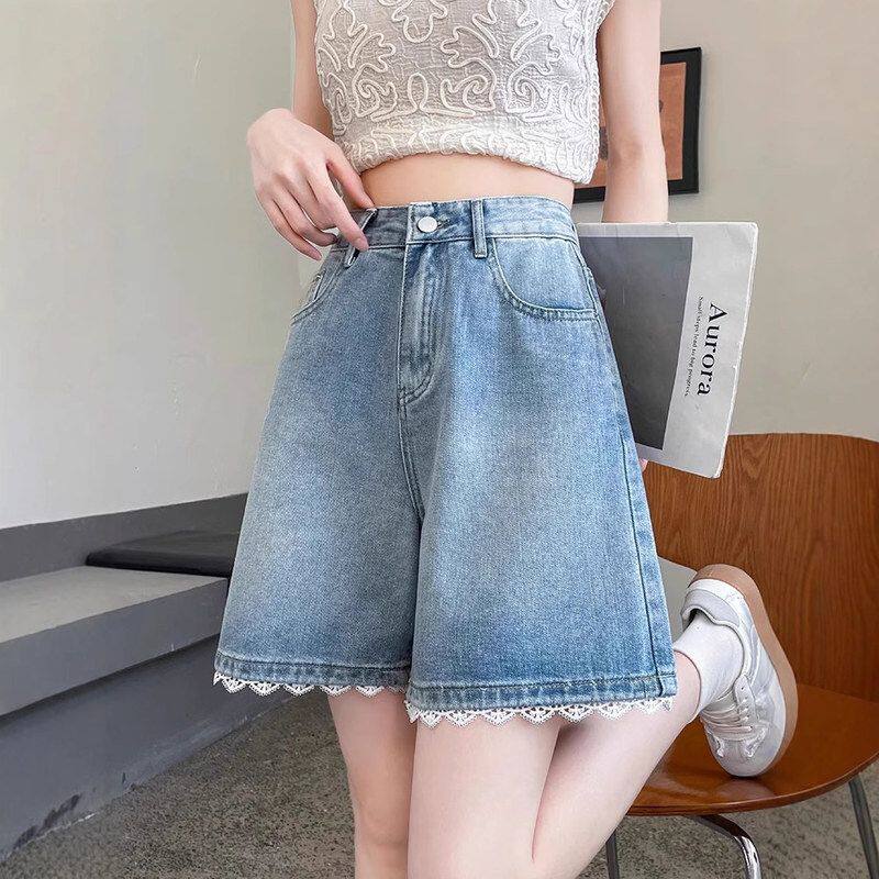 大码复古牛仔裤女装2025新款夏季蕾丝边五分裤胖MM显瘦阔腿短裤子