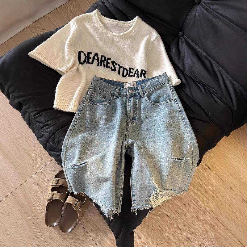 美式复古蓝色破洞牛仔短裤女夏季2026新款阔腿高腰直筒五分中裤子