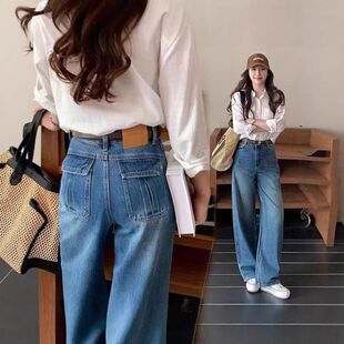 遮肉显瘦拖地裤 设计感宽松弯刀牛仔裤 复古蓝阔腿爆款 新款 2026春季