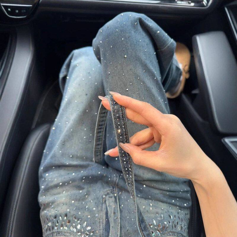 2025新款重工直筒牛仔裤女春秋设计感烫钻高腰宽松显瘦窄版阔腿裤