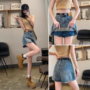 假两件牛仔半身裙夏季薄款高腰A字遮胯防走光小个子裤裙辣妹短裤