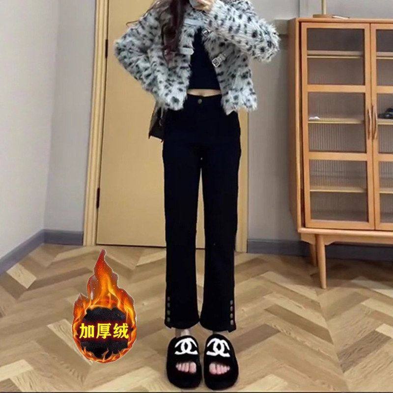 韩版加绒加厚直筒牛仔裤女秋冬爆款高腰弹力显瘦小个子九分烟管裤