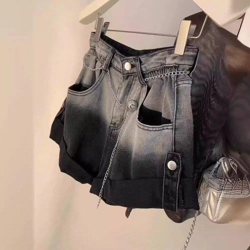 夏季时尚显瘦a字裤爆款牛仔短裤女渐变色高腰阔腿裤子宽松热裤潮