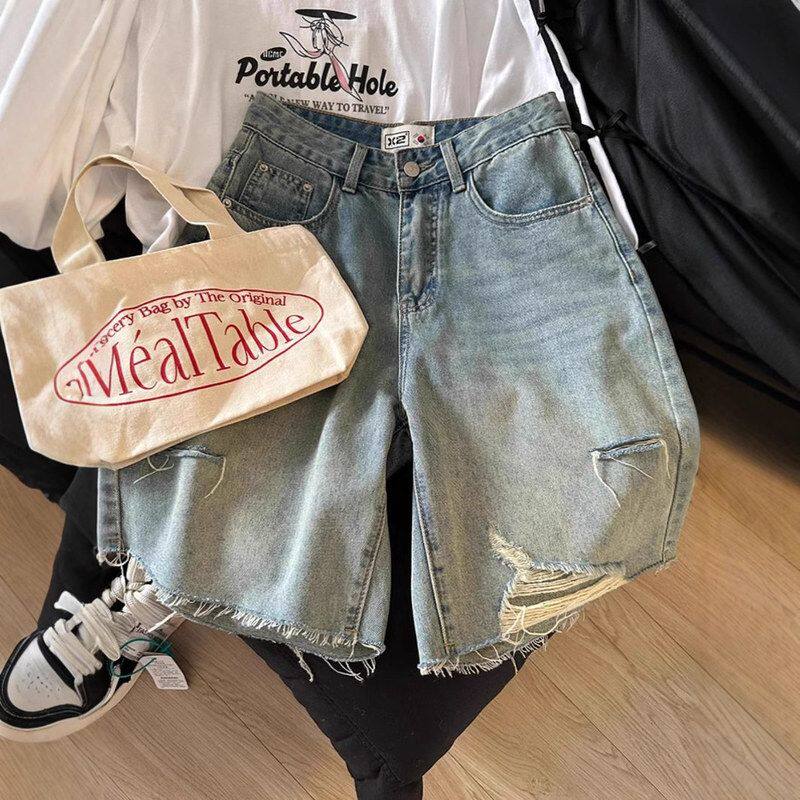 复古破洞牛仔五分裤女2025夏季新款高腰宽松显瘦a字阔腿直筒中裤